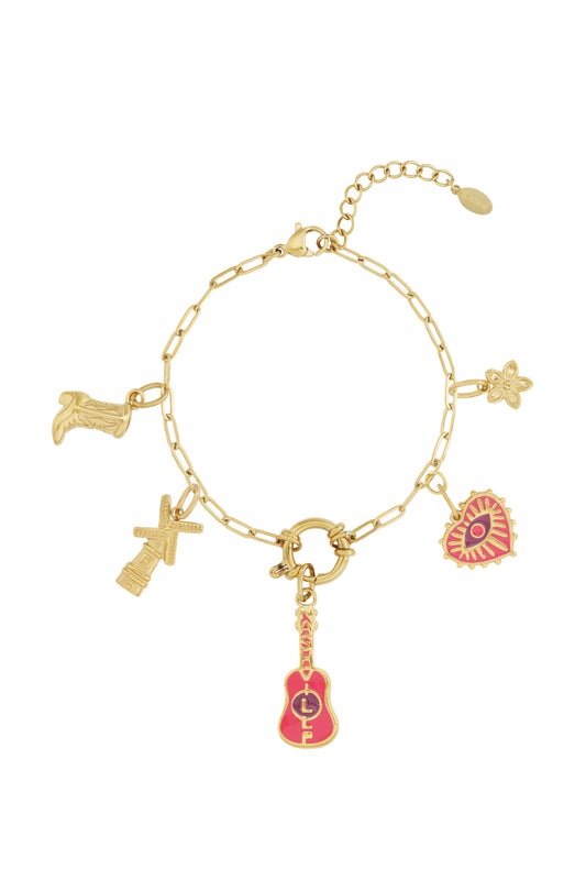Gouden gitaararmband met speelse westerse bedels
