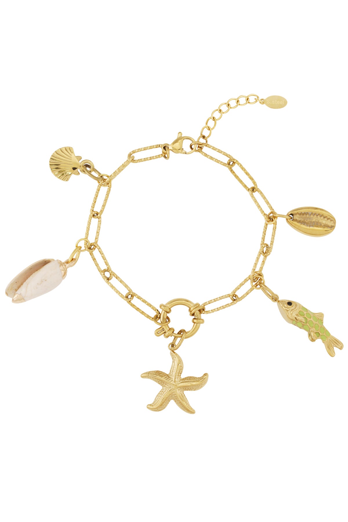 Gouden strandvibe-armband met bedeltjes in zeethema