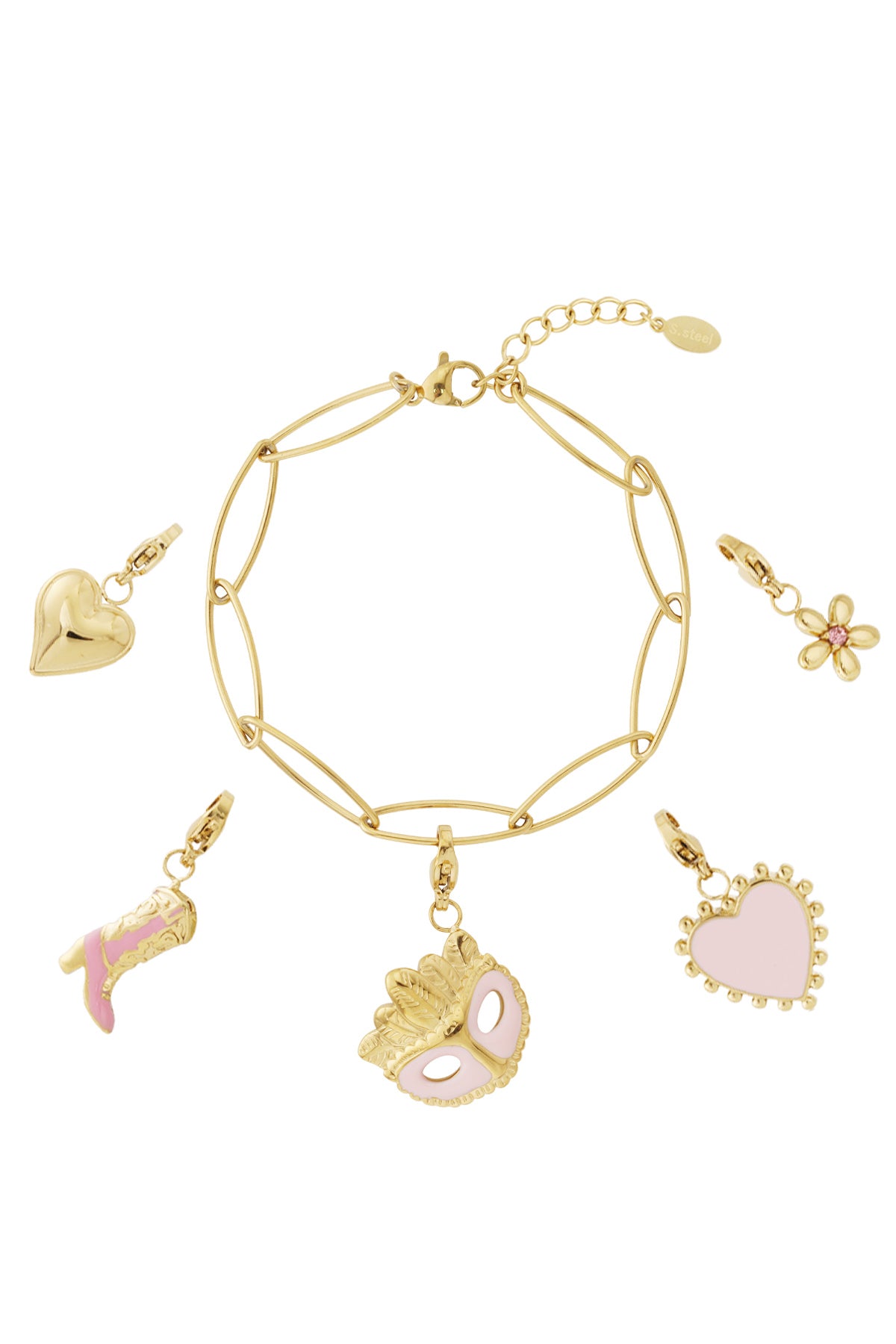Gouden glamour bedelarmband met speelse roze details