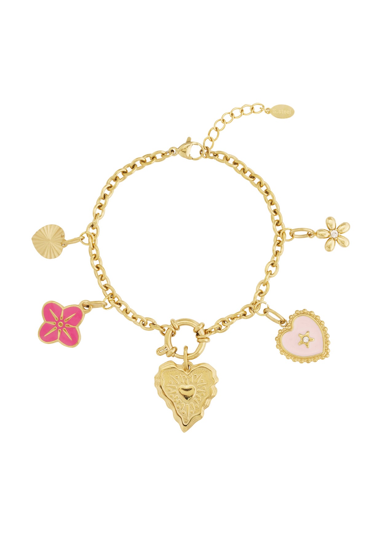 Gouden bedelarmband met roze en hartdetails