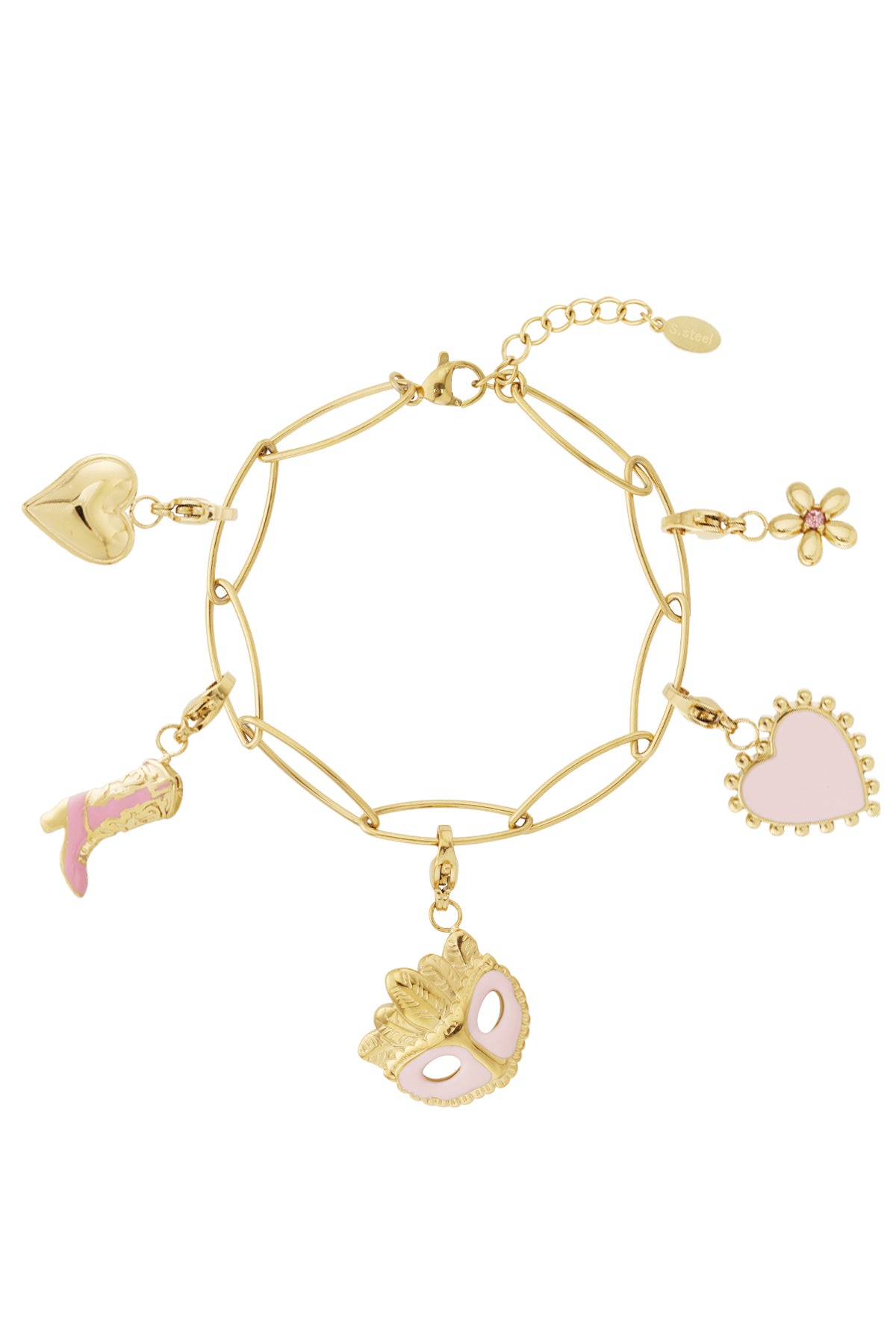 Gouden glamour bedelarmband met speelse roze details