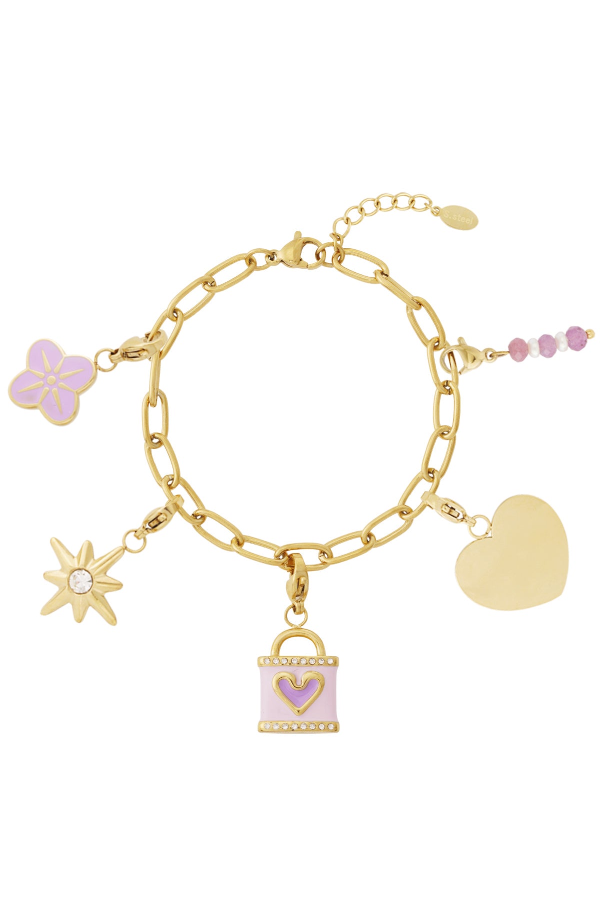 Lila liefdesarmband met pastel- en gouden bedels