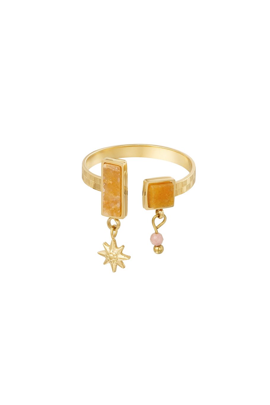 Verstelbare gouden ring met gekleurde steen en bedel