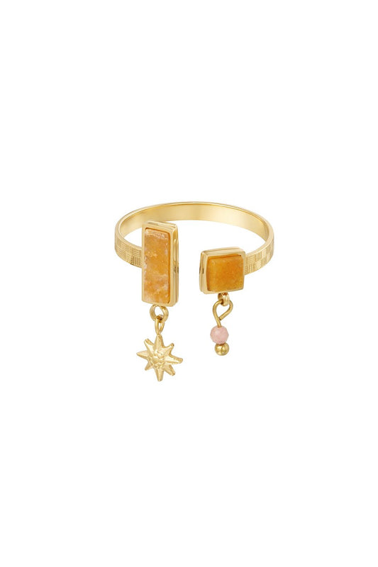 Verstelbare gouden ring met gekleurde steen en bedel