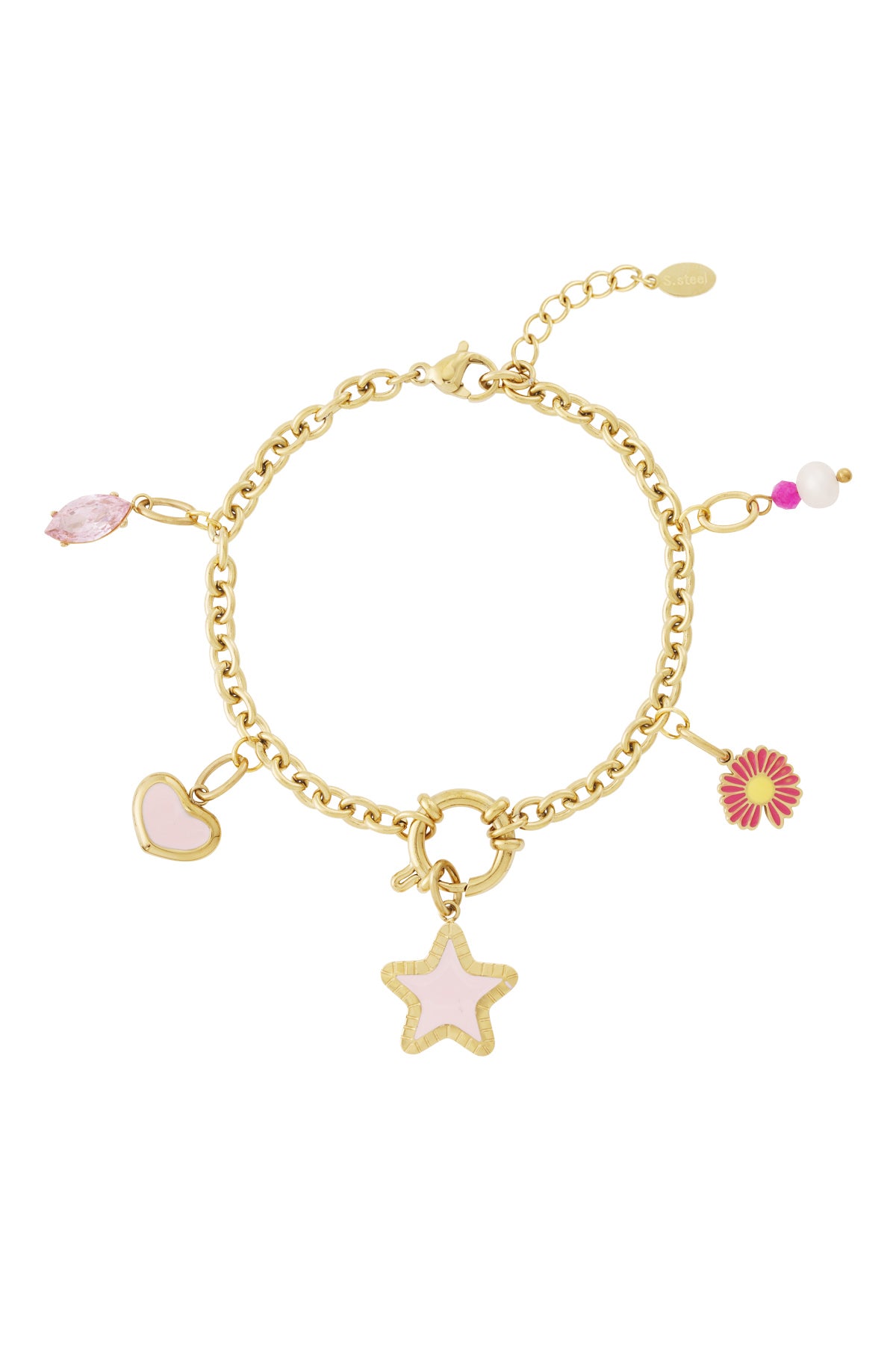 Mooi roze armbandje met speelse bedeltjes