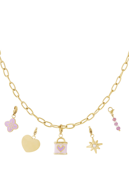 Ketting met paarse bedels en hart