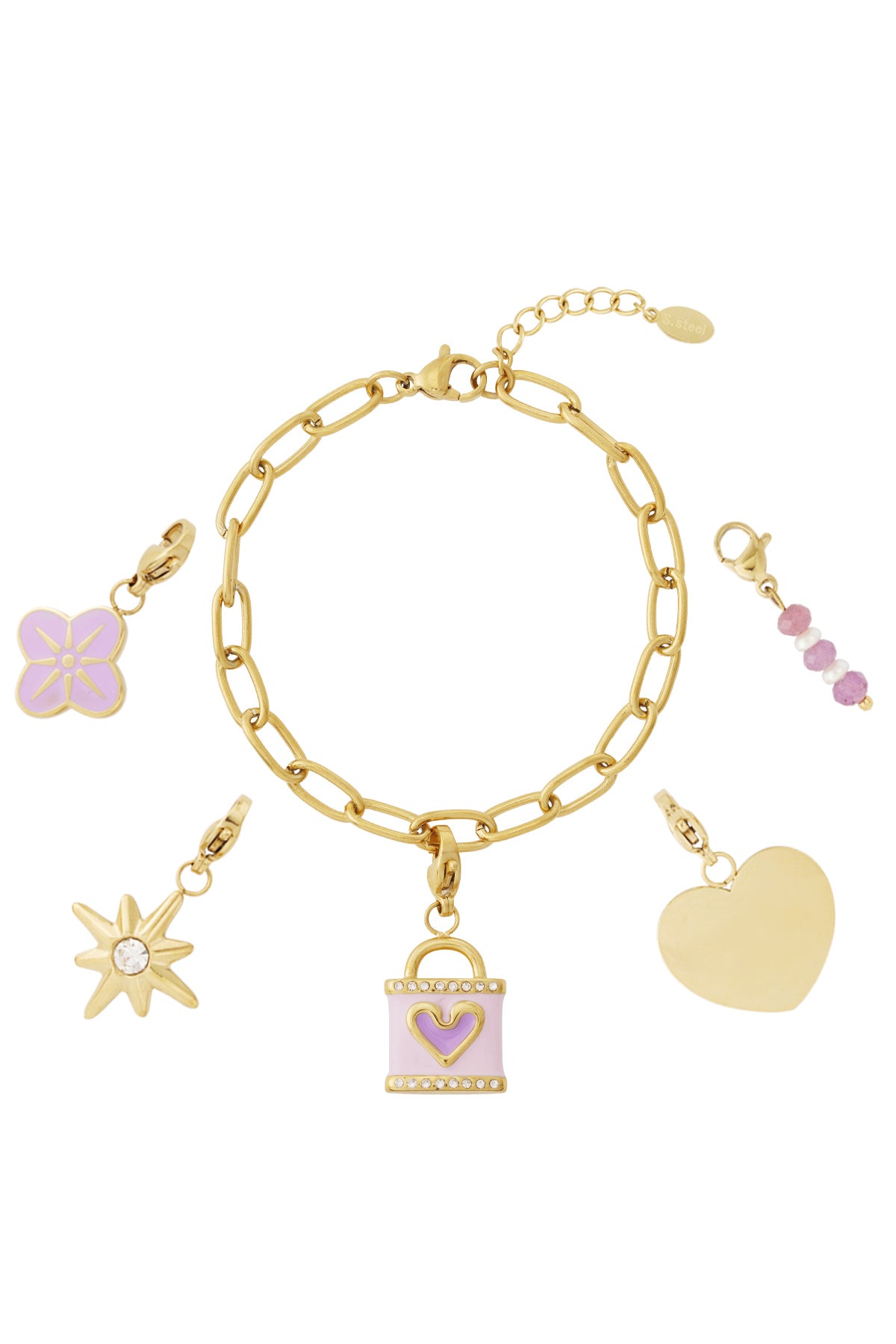 Lila liefdesarmband met pastel- en gouden bedels