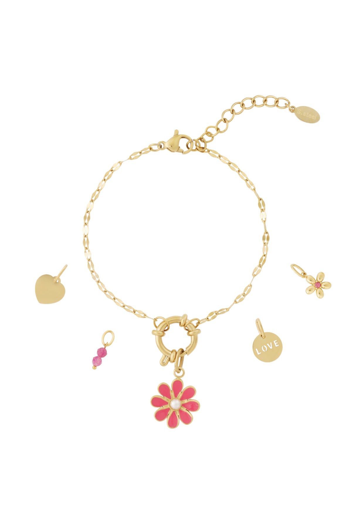 Gouden liefdesarmband met verwisselbare bloemenbedels