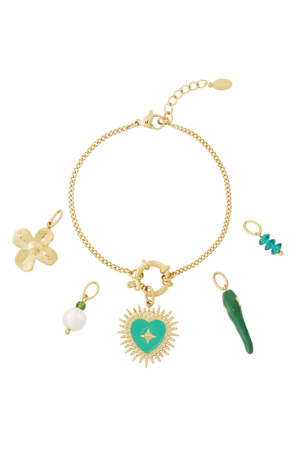 Gouden bedelarmband met stralend groen hart