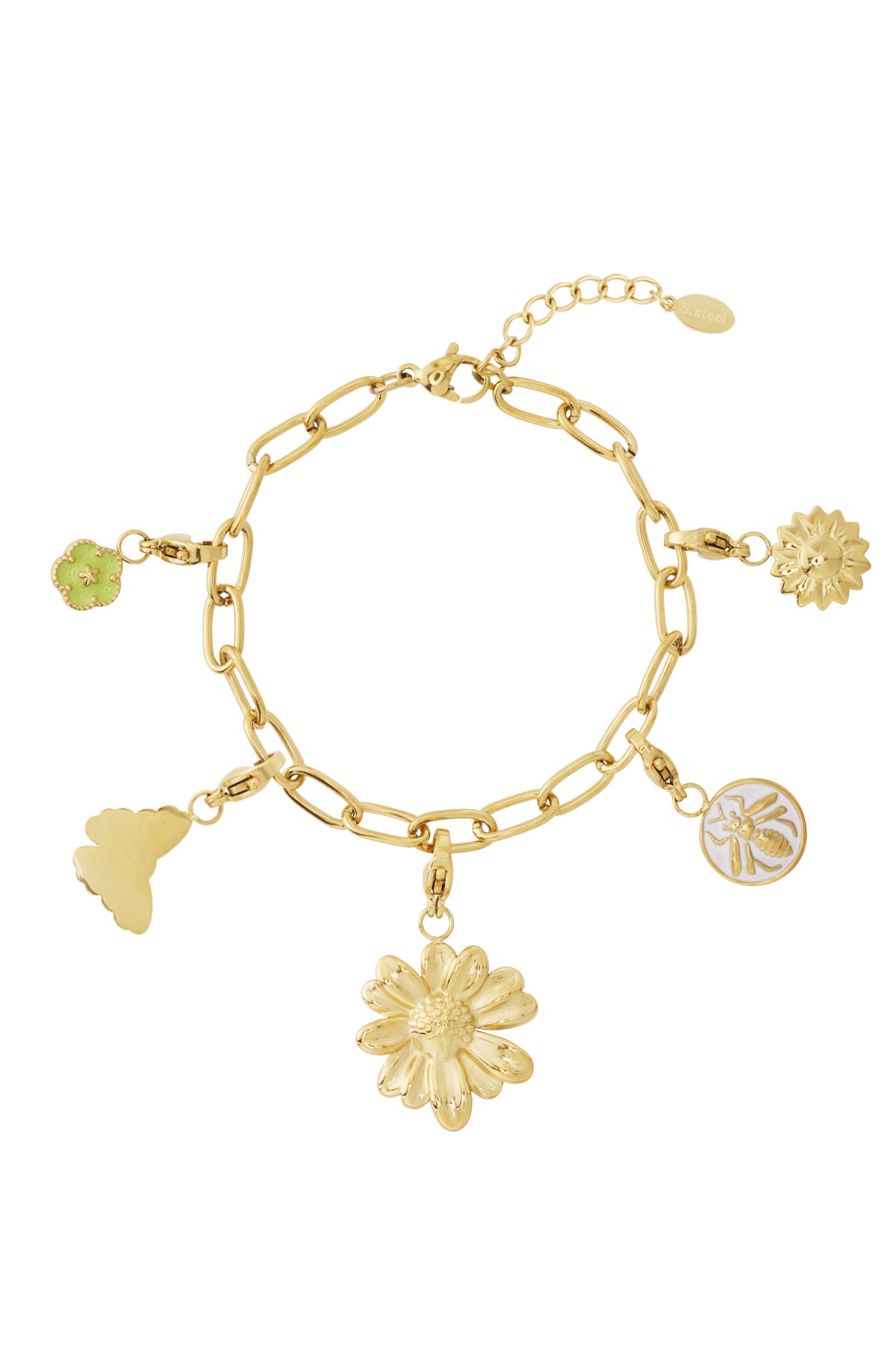 Gouden tuinbedelarmband met bloemen- en insectenhangers
