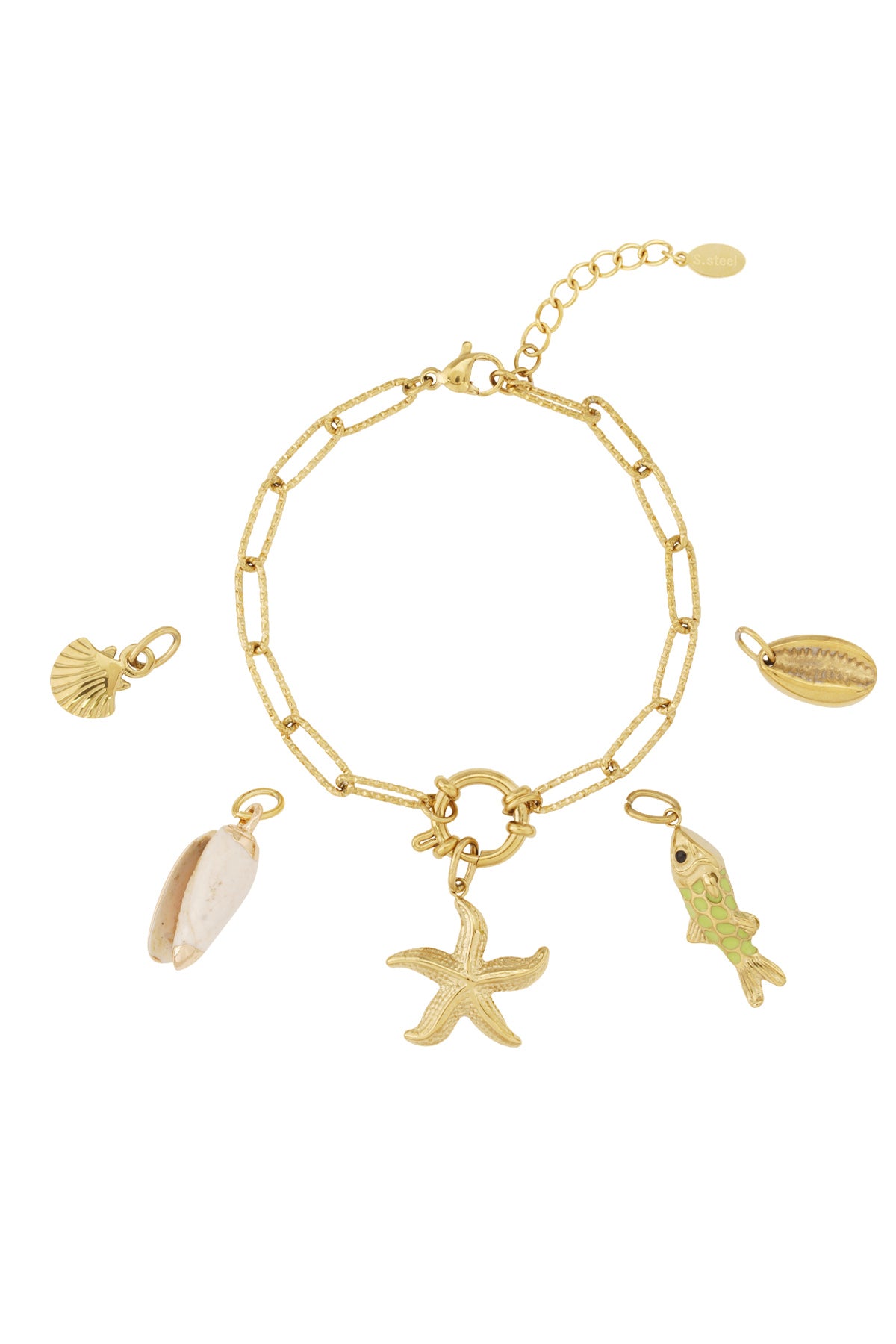 Gouden strandvibe-armband met bedeltjes in zeethema